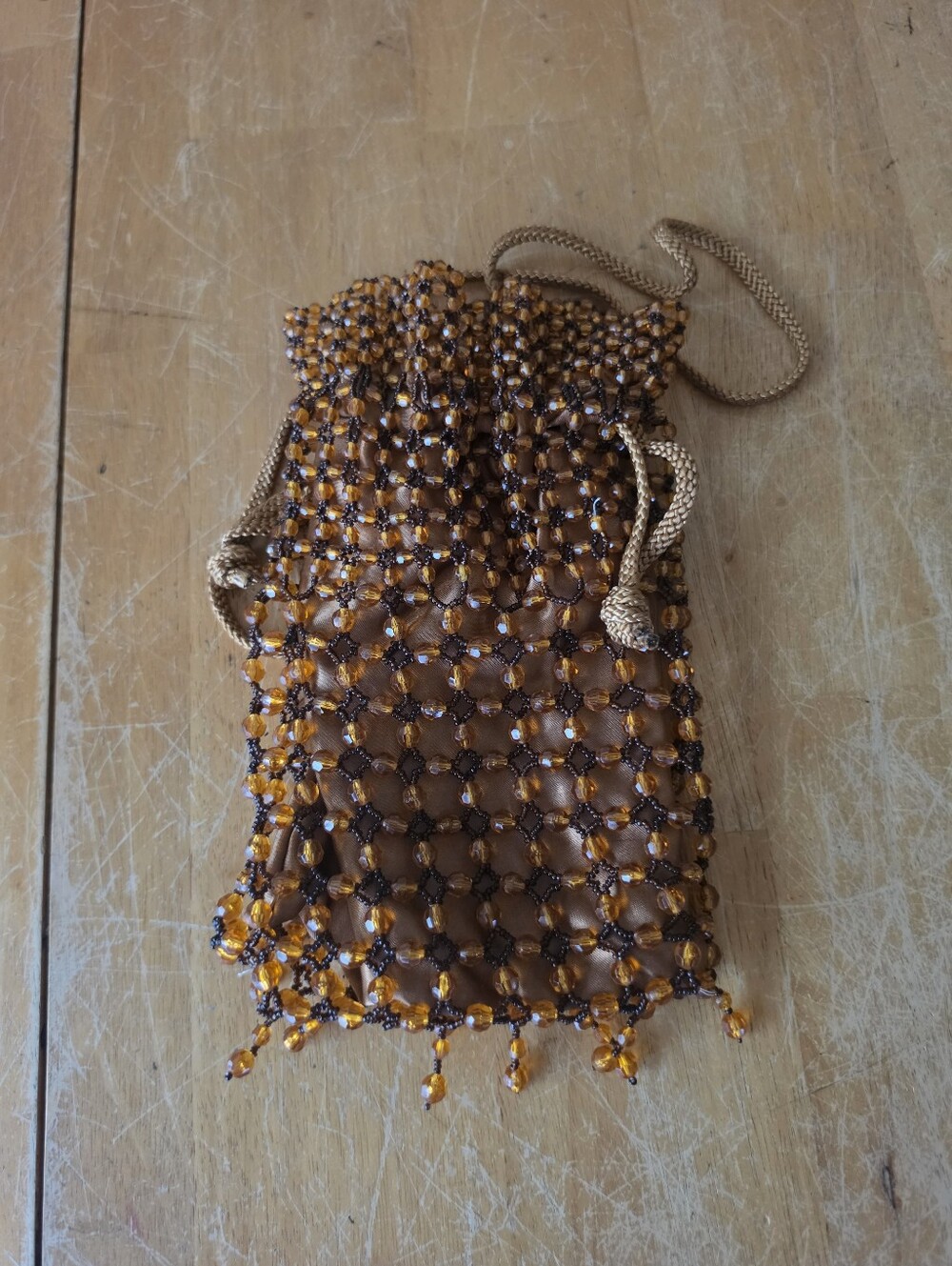 Vintage Amber Beaded Drawstring Pouch Bag Brown Evening Purse Boho Retro Fringed